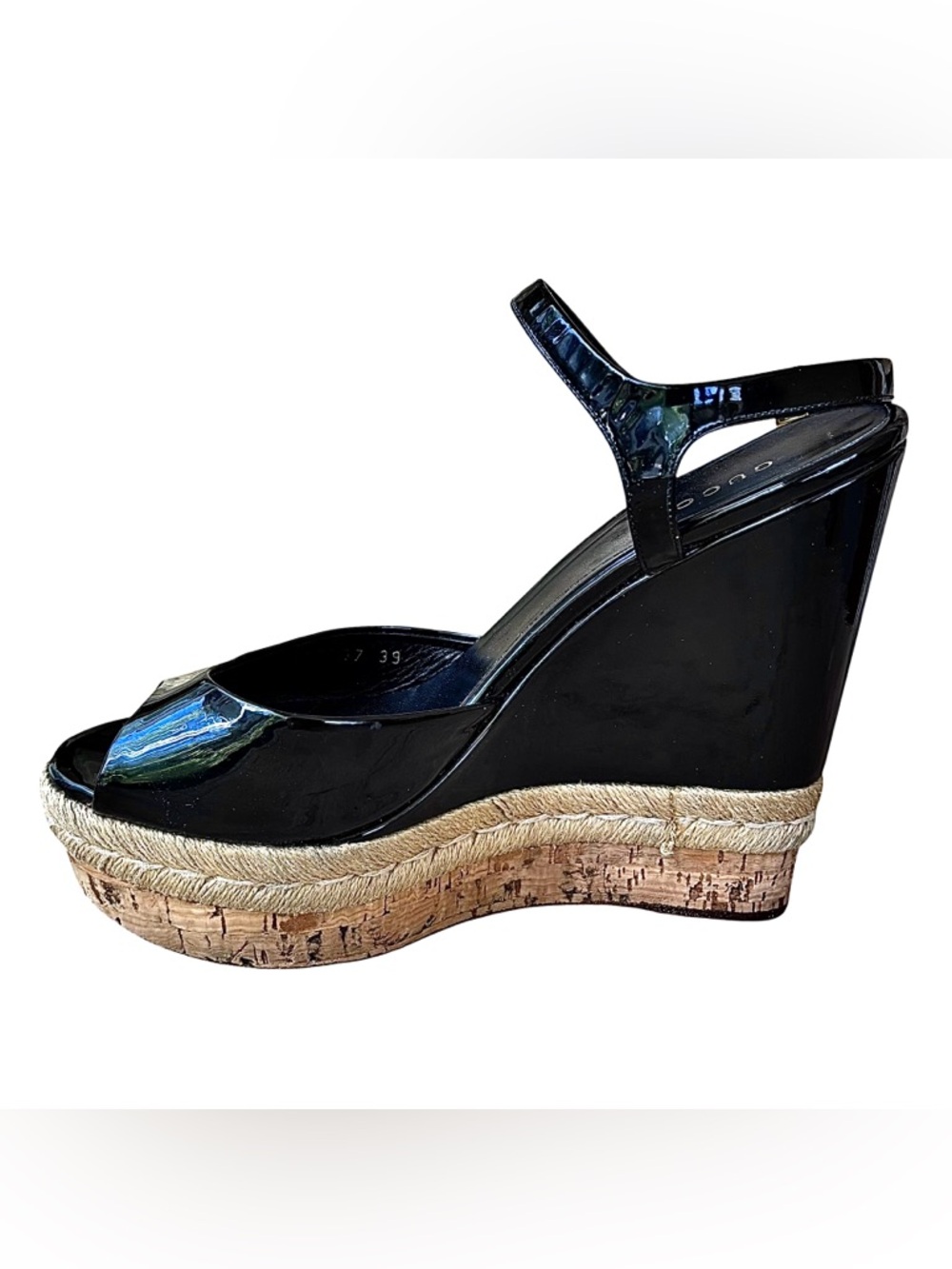 🌹GUCCI Black Patent Leather & Cork Platform Wedge Sandals🌹 - Picture 7 of 13